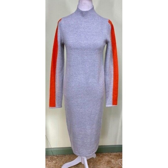 ASOS Womens Sz 2 Gray & Orange Contrast Turtleneck Wool Blend Midi Sweater Dress - Picture 1 of 9